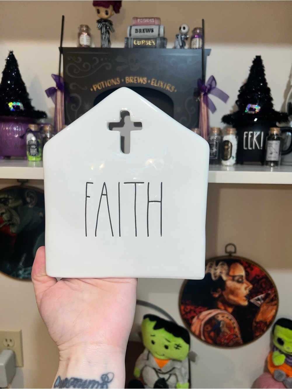 Rae Dunn White Ceramic 'Faith' Decorative House with Cross -